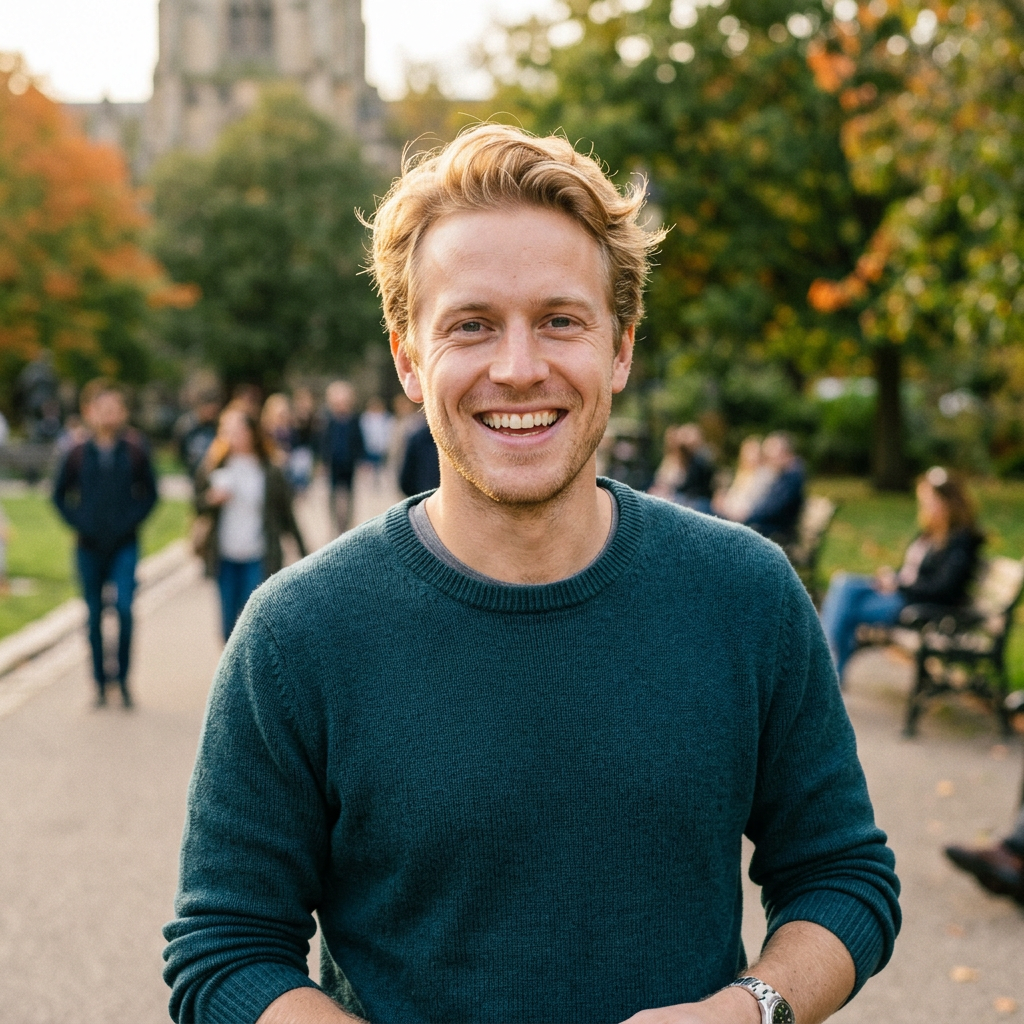 Smiling young man in teal sweater standing outdoors in park with autumn foliage