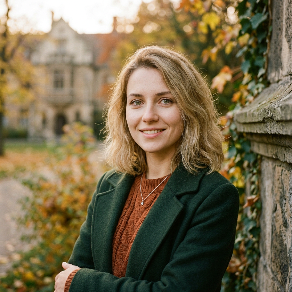 Smiling woman with blonde hair wearing green coat and brown sweater outdoors