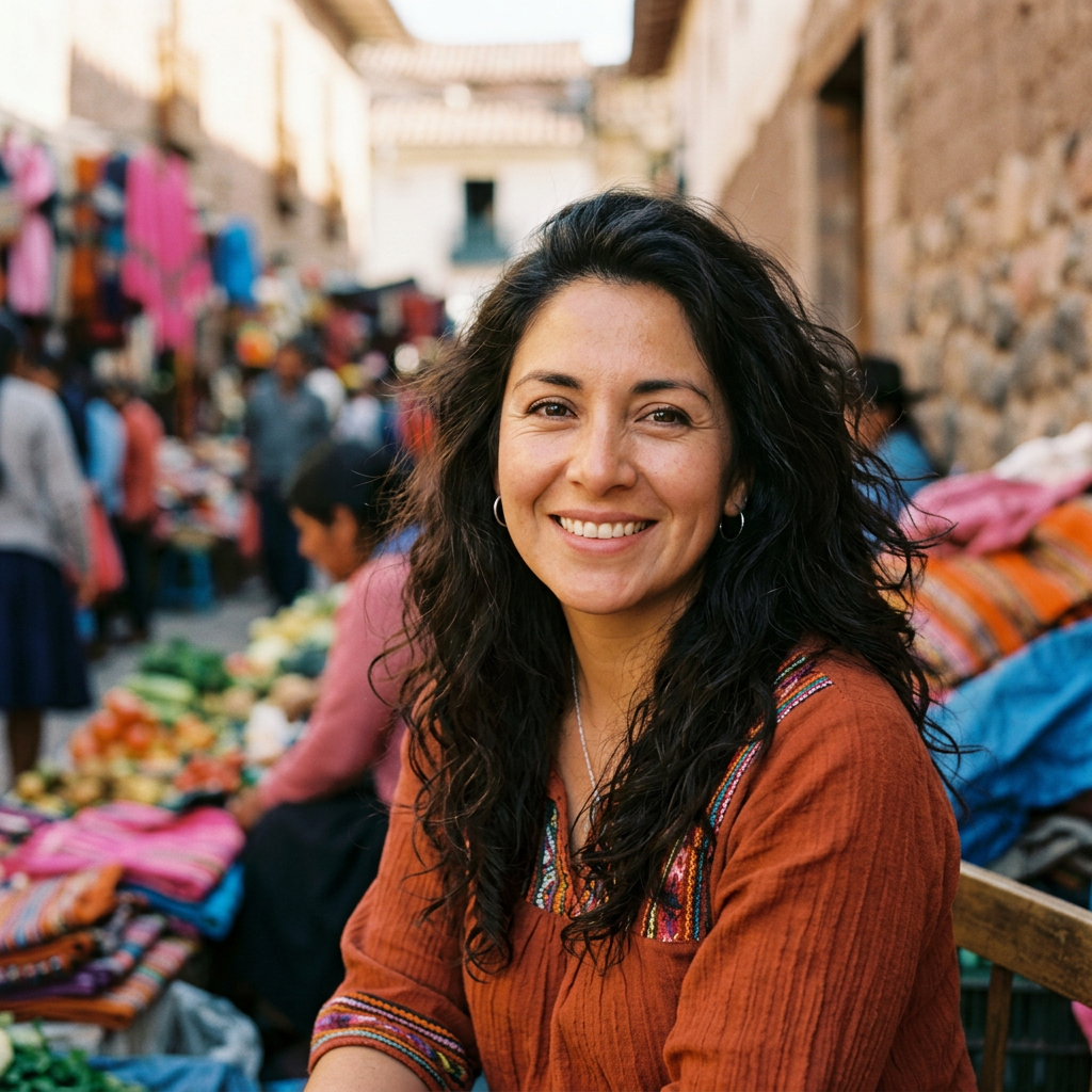 Smiling woman in rust-colored top at crowded outdoor market with fruits and textiles