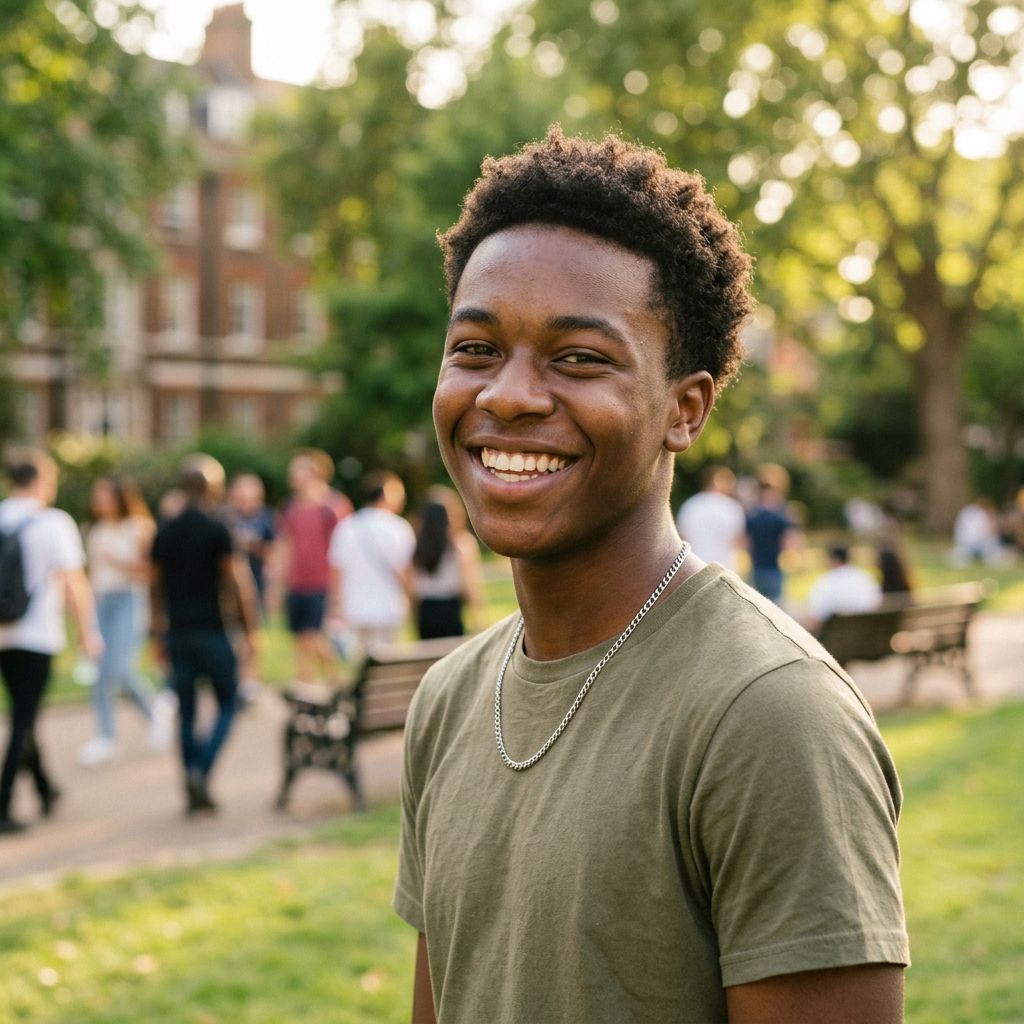 Young man smiling in a park with people walking in the background