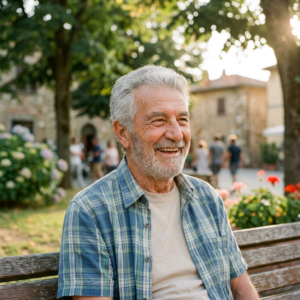 Elderly man with gray hair and beard sitting on a bench outdoors, smiling