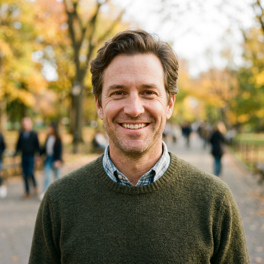 Smiling man wearing an olive sweater and checkered shirt in an autumn park